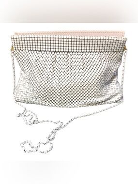 Bags by Marlo 80s Glam White Metal Mesh Oversized Clutch Evening Bag Chain Strap